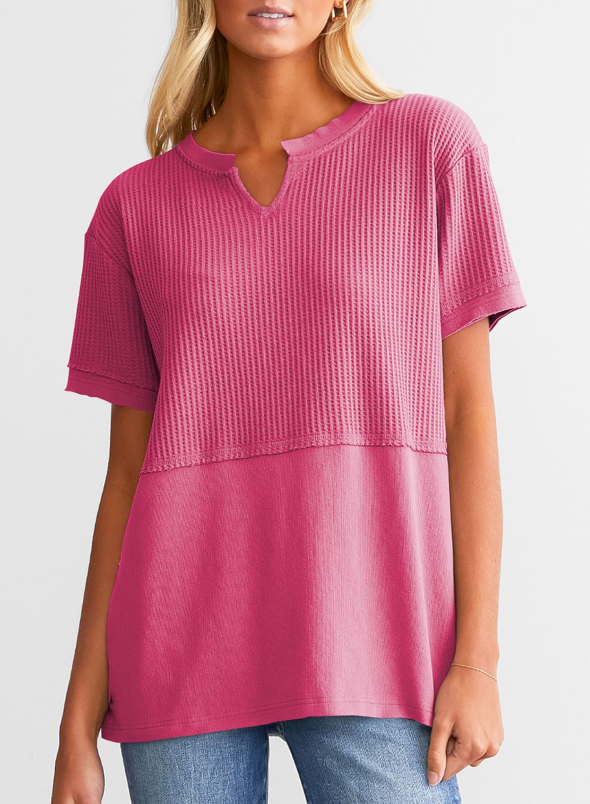 Limited time sale🔥Women's Casual V Neck Waffle Knit Tops Short Sleeve T Shirts