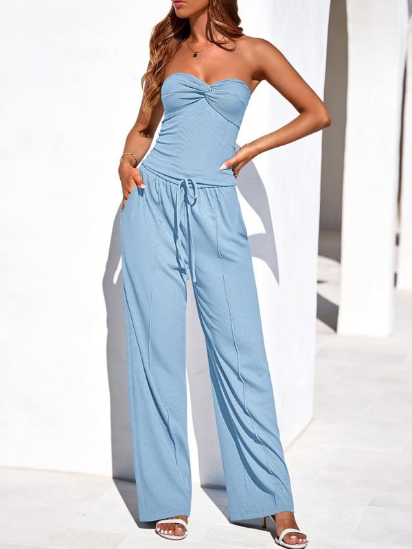 Women Ribbed Strapless Twist Knot Tube Top Pants 2 Piece Set