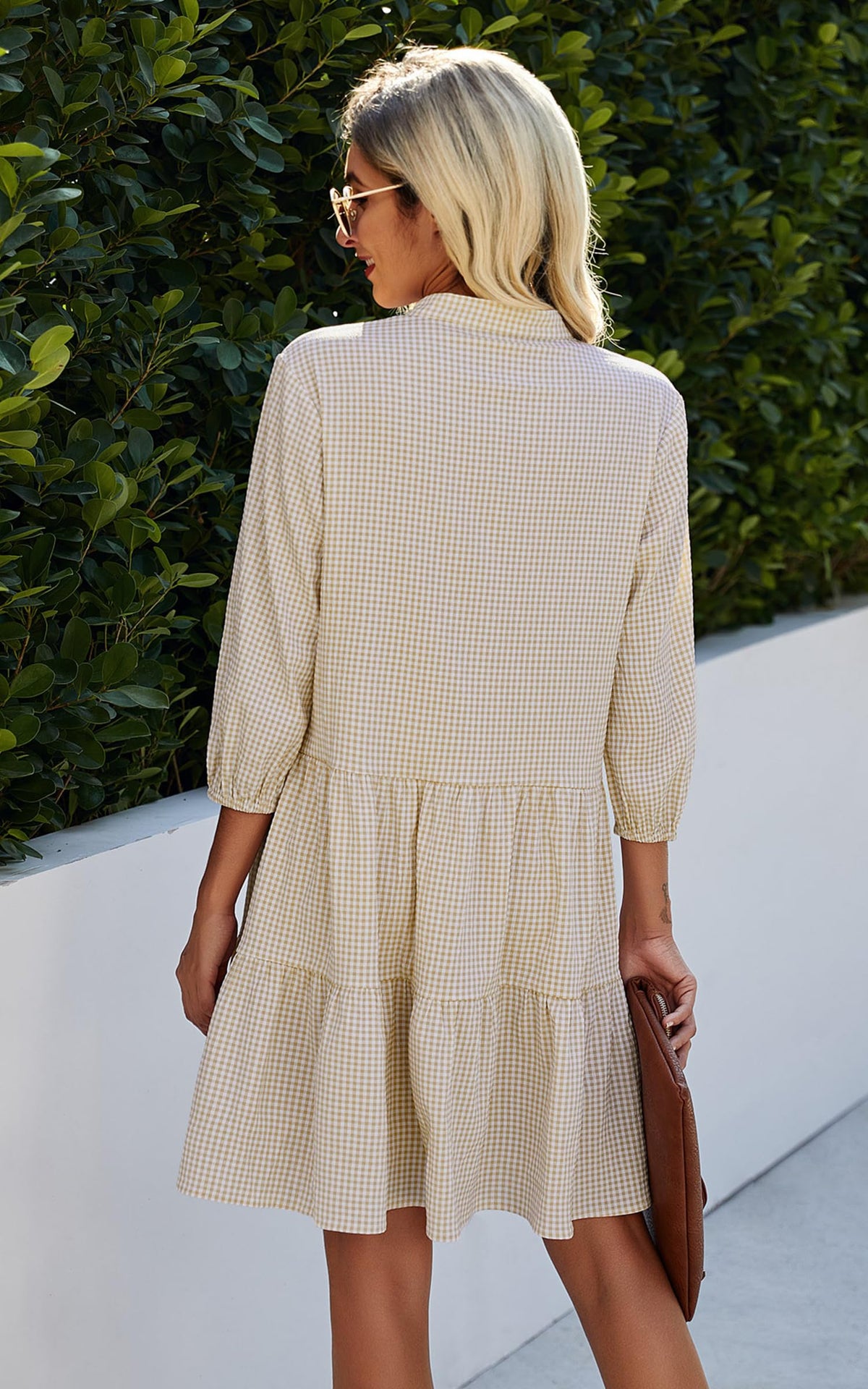 Limited time sale🔥Women's Button Down 3/4 Sleeve Gingham Shirt Dress
