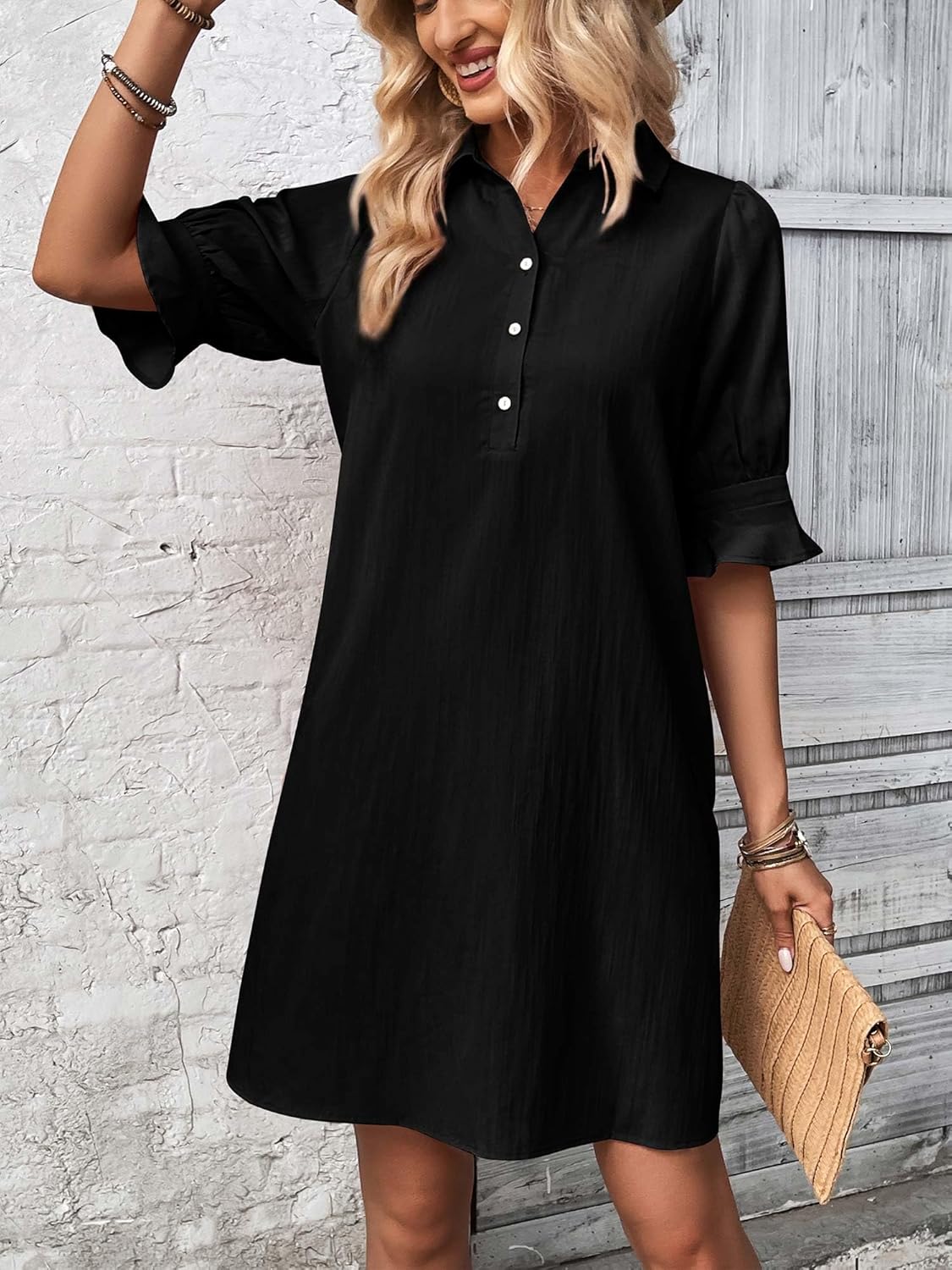 Limited time sale🔥 Womens Casual Shirt Dress Ruffle Sleeve Solid Color Button Down