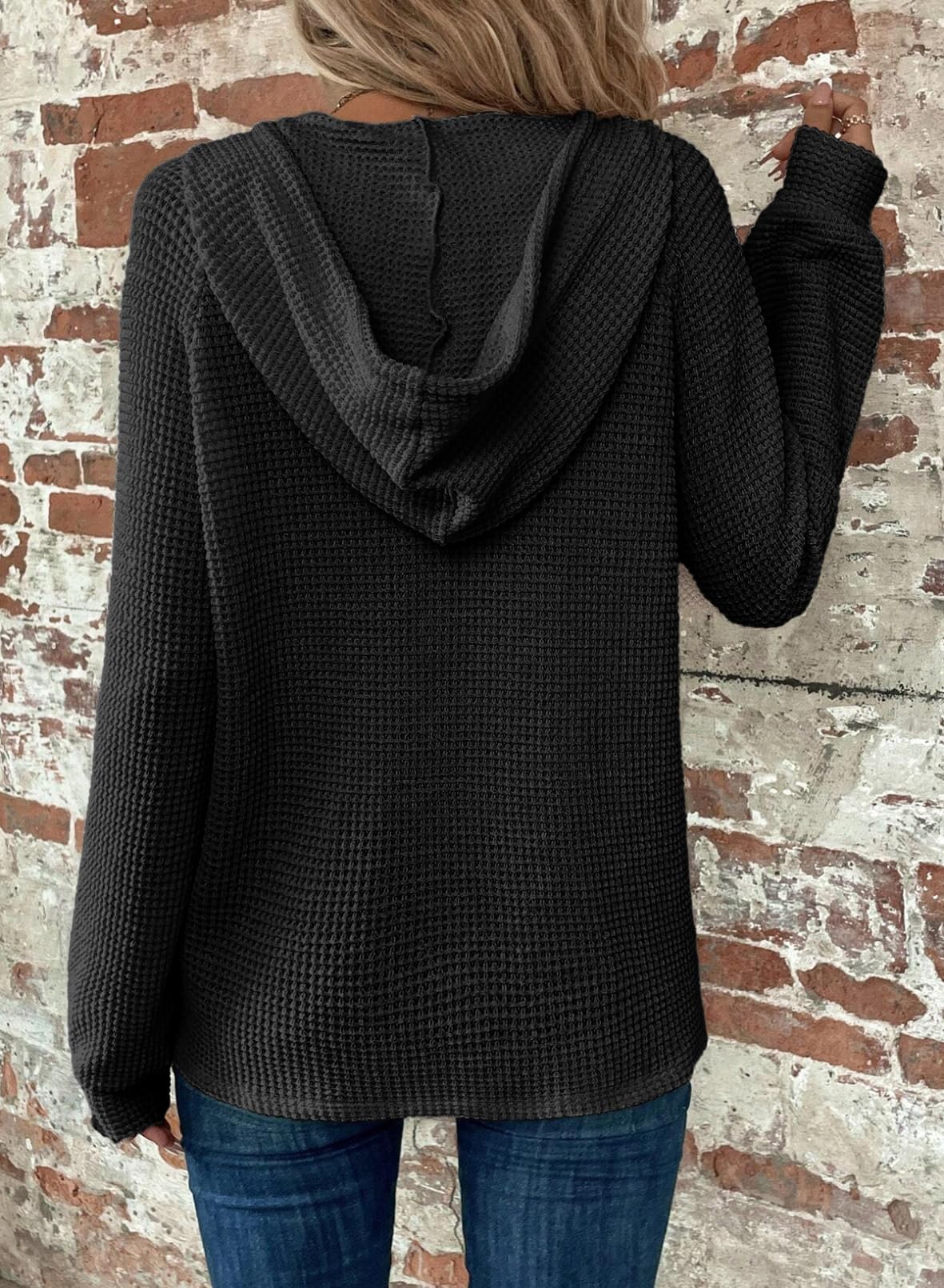 Limited time sale 🔥Women's Waffle Knit Drawstring Button V Neck Hooded Sweatshirt