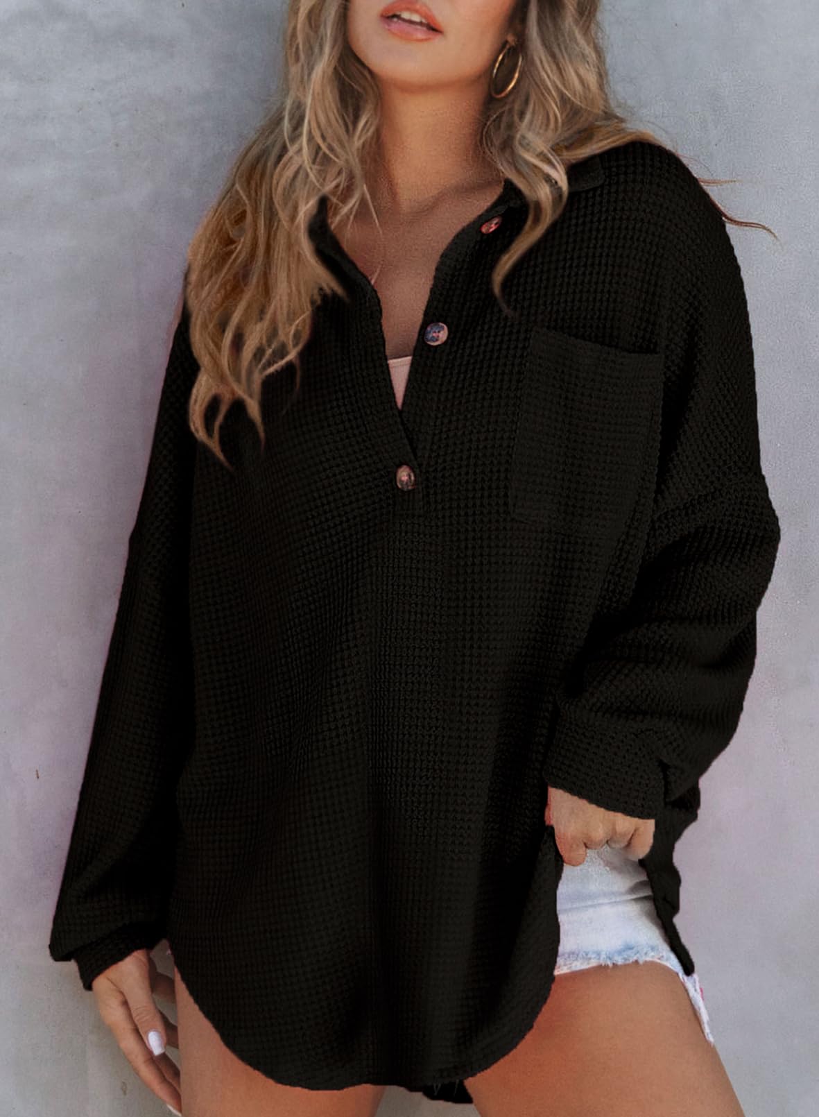 Autumn Women's Waffle Knit Henley V Neck Shirt Jacket