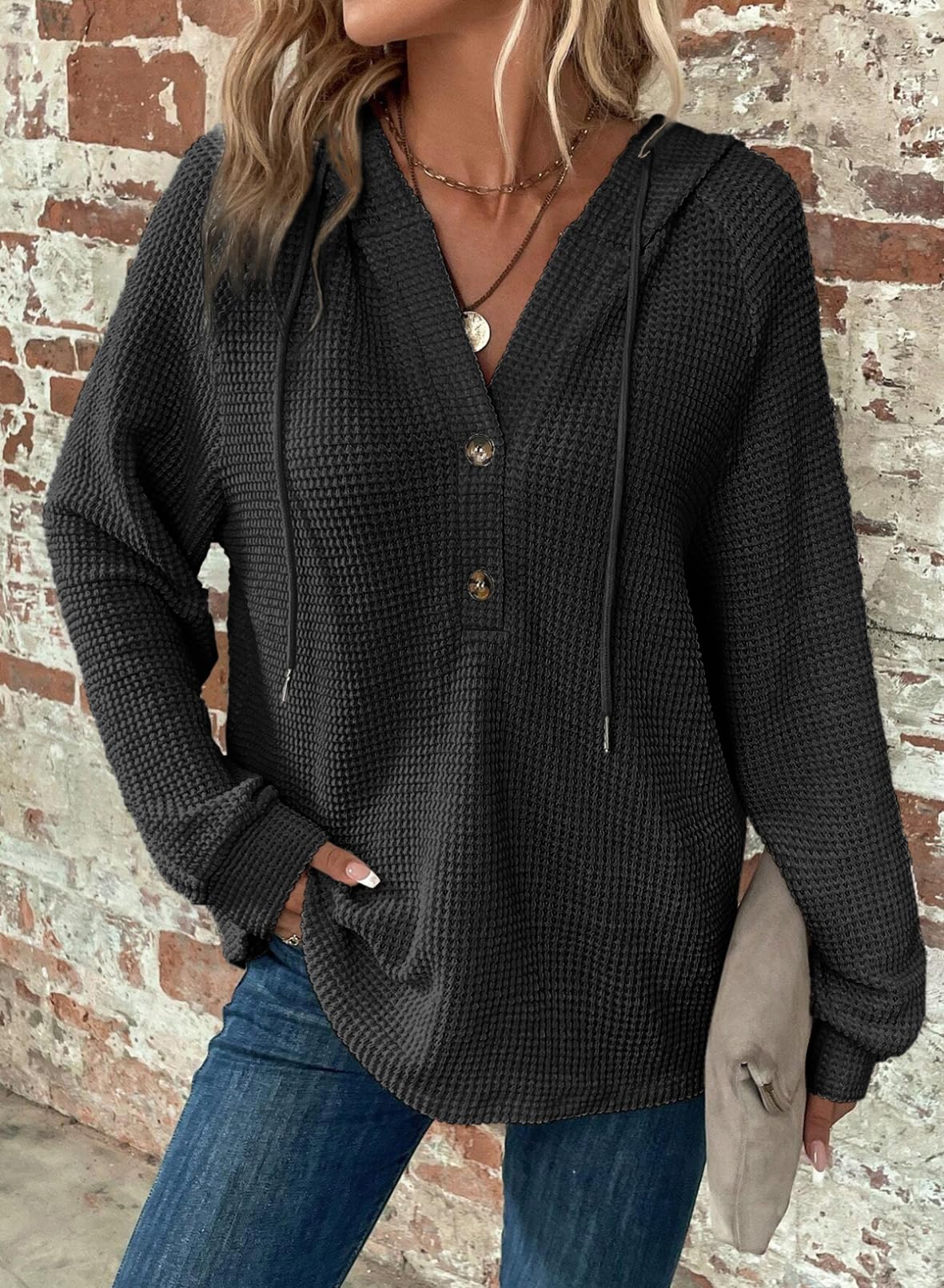 Limited time sale 🔥Women's Waffle Knit Drawstring Button V Neck Hooded Sweatshirt