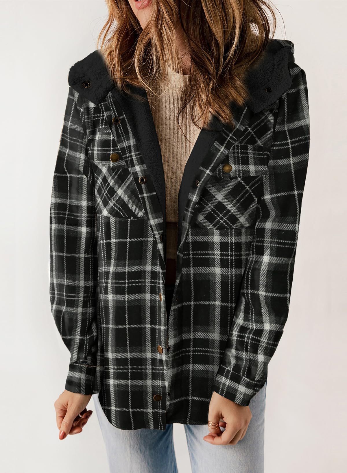 HOT SALE🔥Women's Fall Fuzzy Flannel Long Sleeve Plaid Jacket Coat with Hood