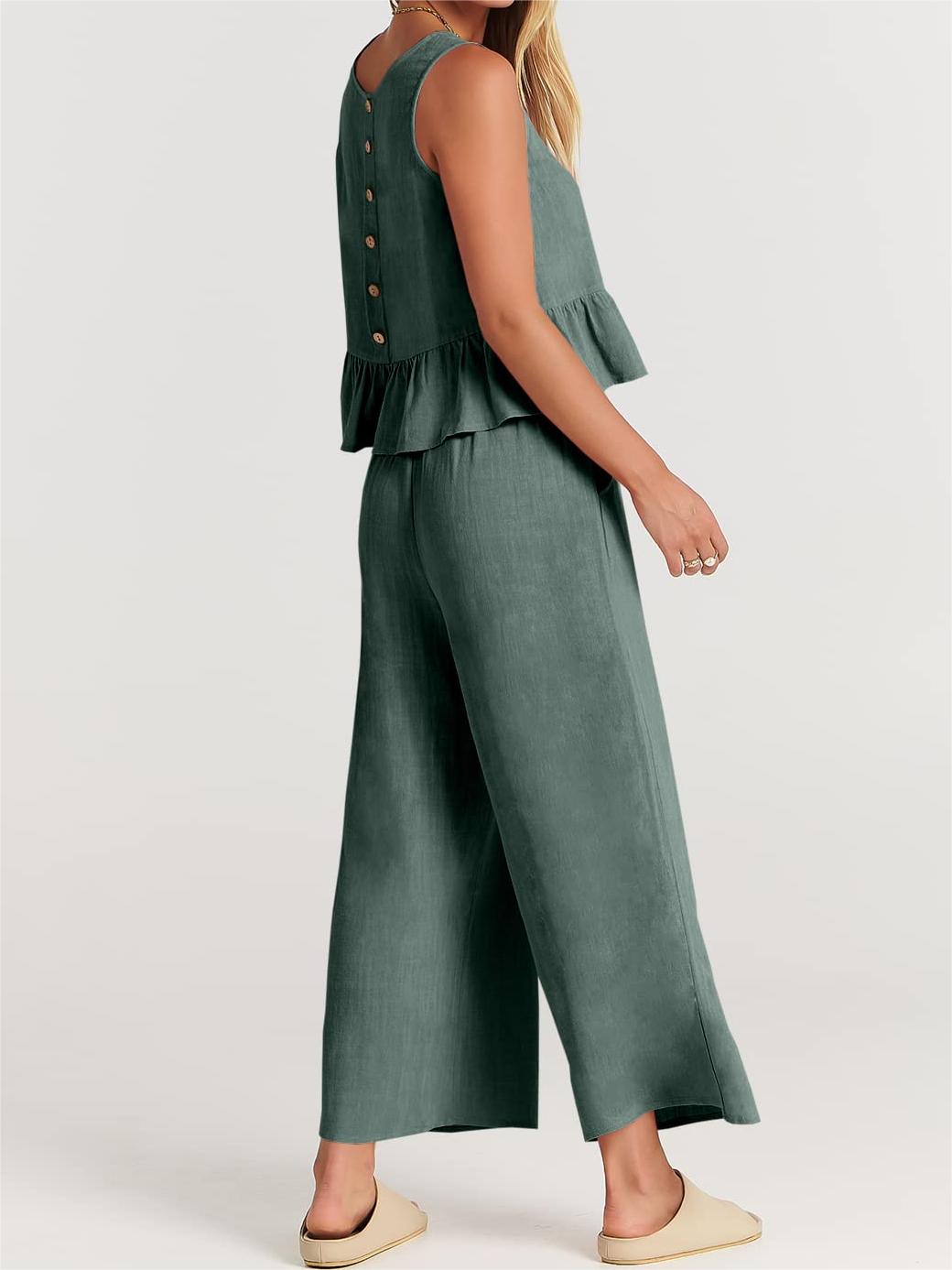 Limited time sale🔥Women 2 Piece Outfits Tank Crop Top Wide Leg Pants Lounge Matching Sets