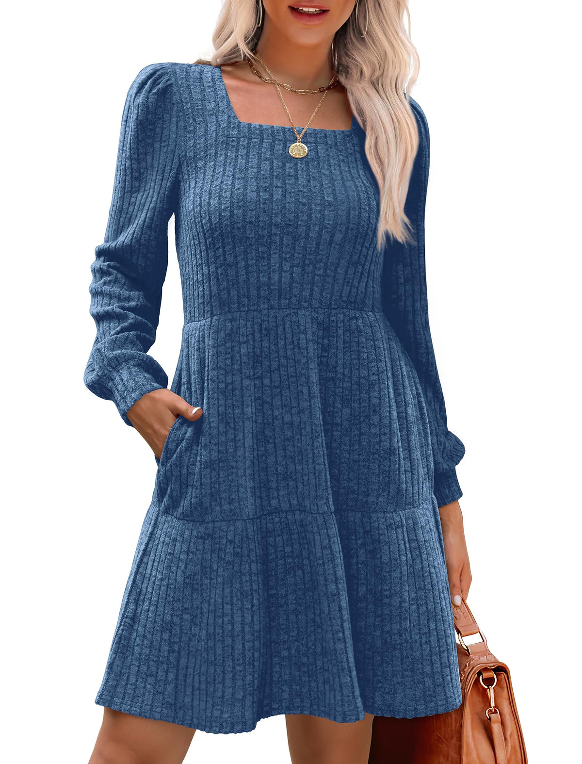 Limited time sale🔥Women's Square Neck Lantern Sleeve Ribbed Dress