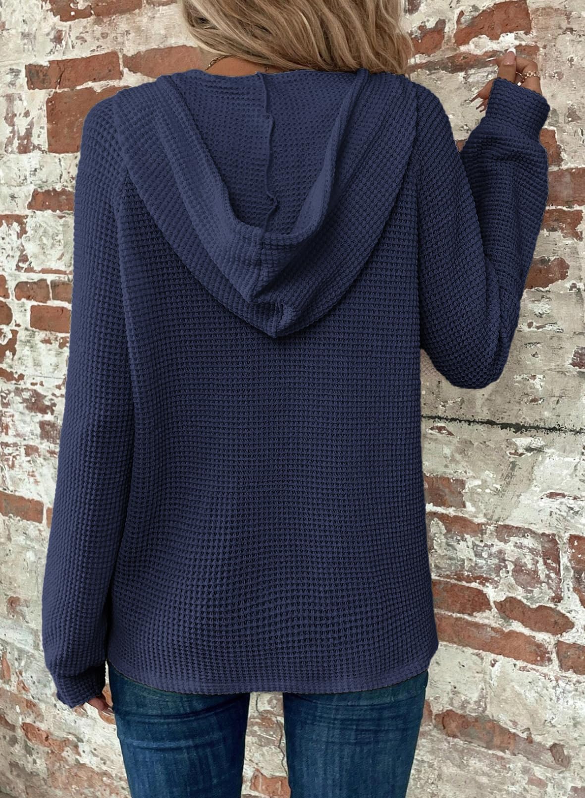 Limited time sale 🔥Women's Waffle Knit Drawstring Button V Neck Hooded Sweatshirt