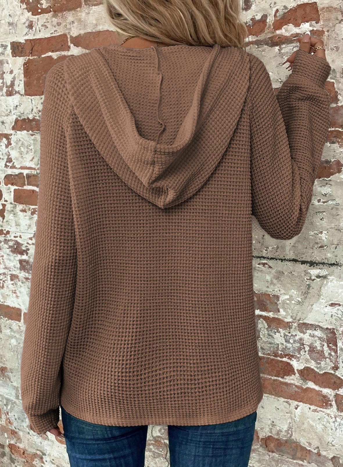 Limited time sale 🔥Women's Waffle Knit Drawstring Button V Neck Hooded Sweatshirt