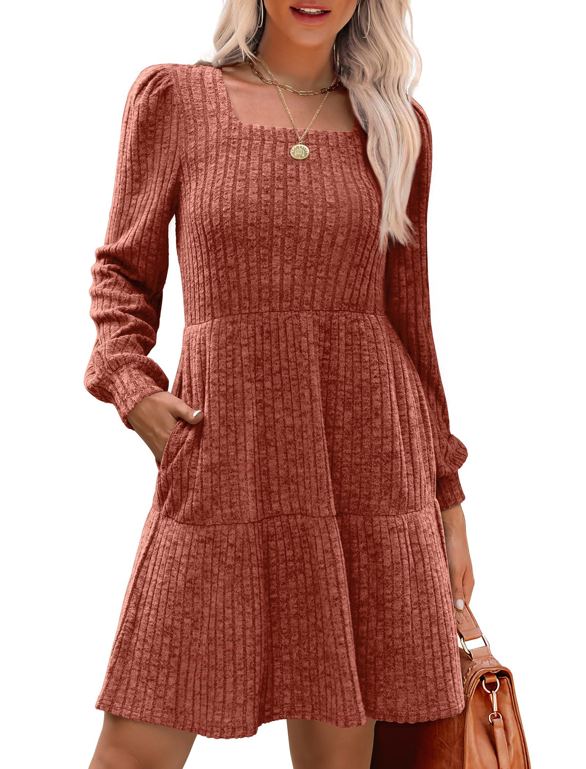 Limited time sale🔥Women's Square Neck Lantern Sleeve Ribbed Dress
