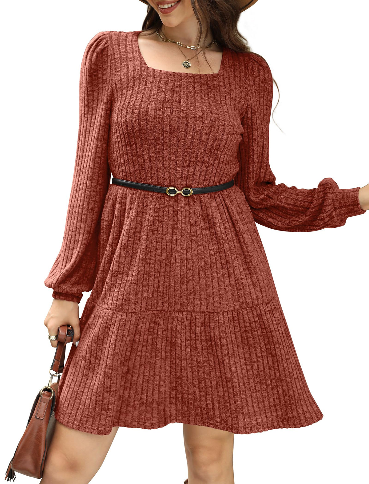 Limited time sale🔥Women's Square Neck Lantern Sleeve Ribbed Dress
