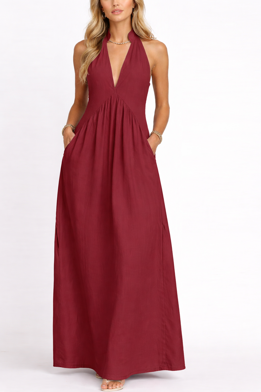 Limited time sale🔥Women's Halter Neck Deep V Maxi Dress with Pockets