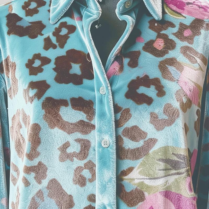 Vintage Leopard Floral Print Button Up Velvet Shirt