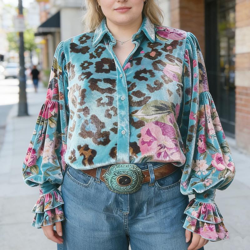 Vintage Leopard Floral Print Button Up Velvet Shirt