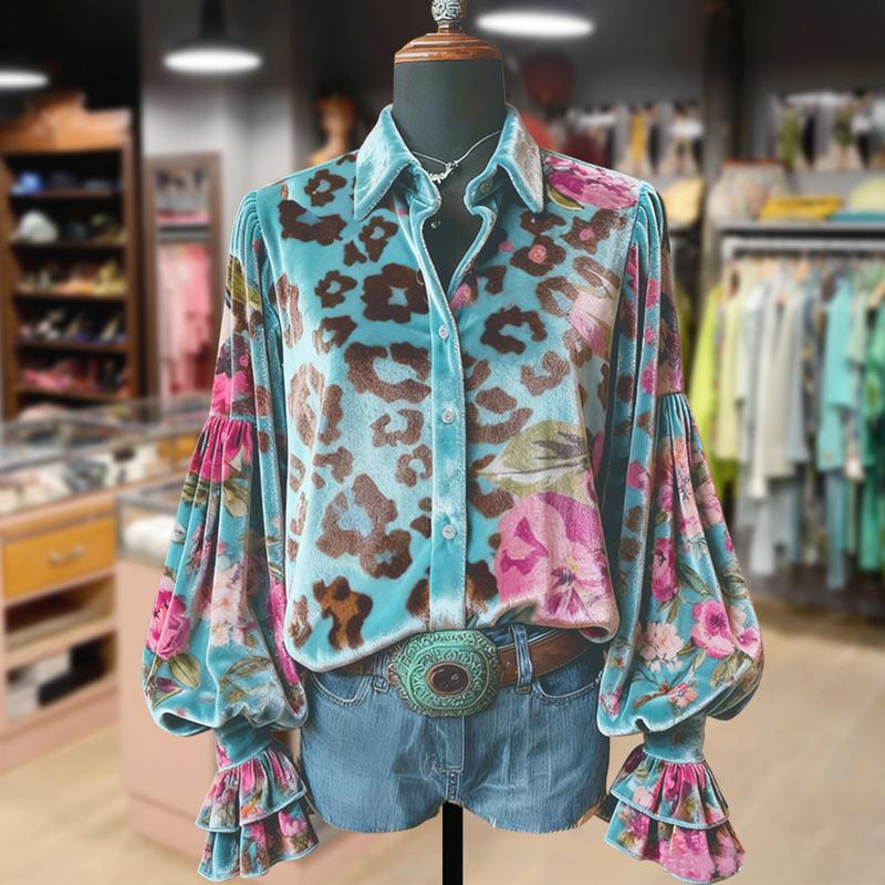 Vintage Leopard Floral Print Button Up Velvet Shirt