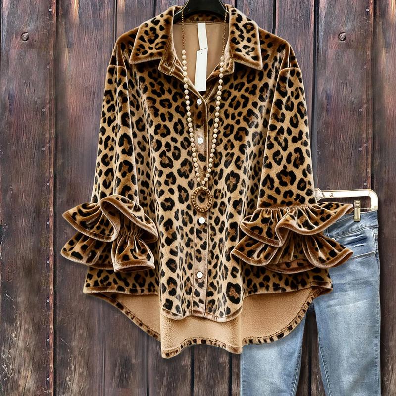 Vintage Leopard Print Double Ruffle Long Sleeve Velvet Shirt