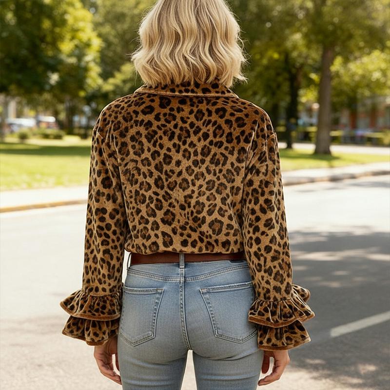 Vintage Leopard Print Double Ruffle Long Sleeve Velvet Shirt