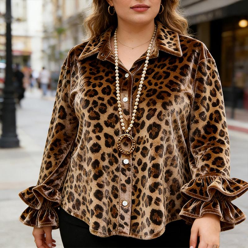 Vintage Leopard Print Double Ruffle Long Sleeve Velvet Shirt