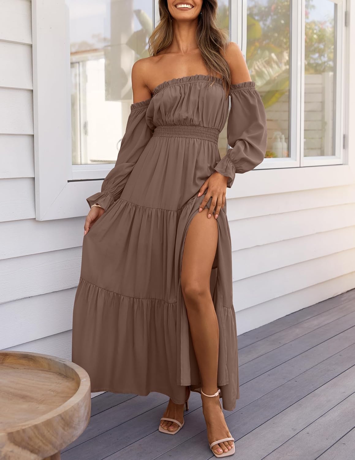 Limited time sale🔥Women's Boho Off Shoulder Long Sleeve Side Split Flowy A Line Long Maxi Dress