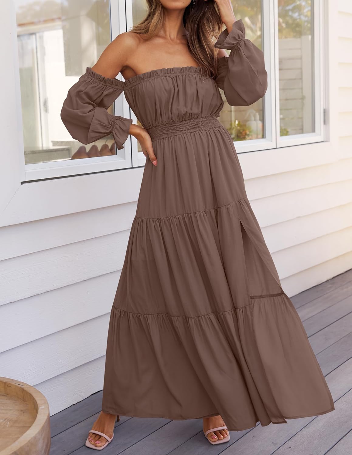 Limited time sale🔥Women's Boho Off Shoulder Long Sleeve Side Split Flowy A Line Long Maxi Dress