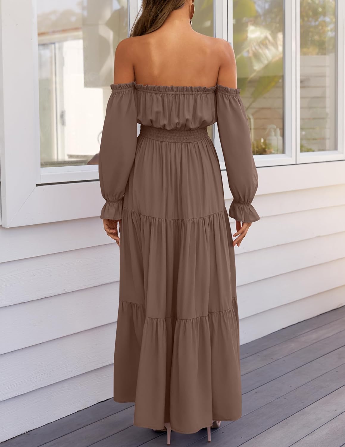 Limited time sale🔥Women's Boho Off Shoulder Long Sleeve Side Split Flowy A Line Long Maxi Dress