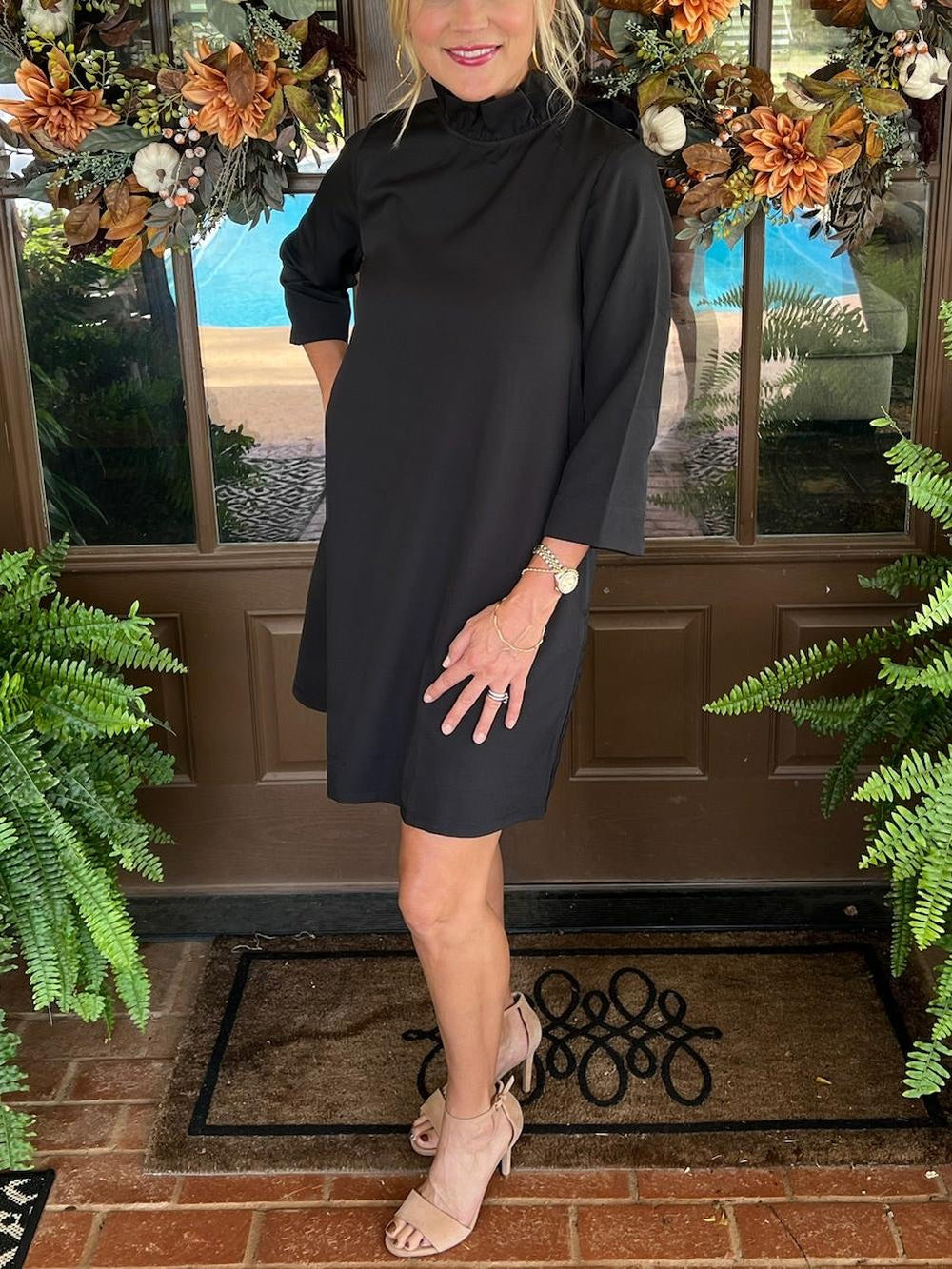 ✨Tied back Bow Round Ruffled Neckline Dress with Pockets