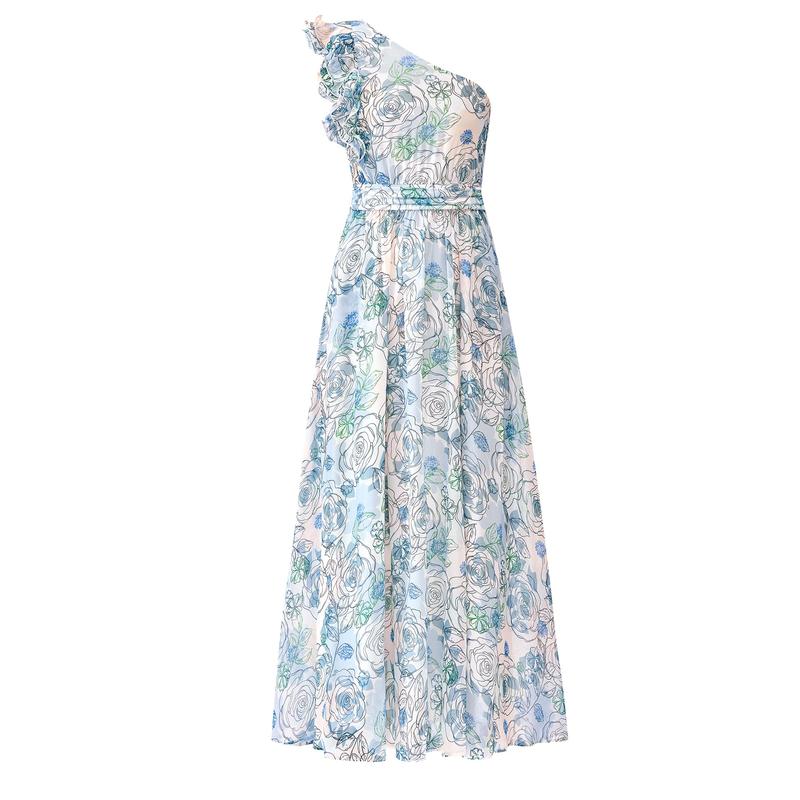 Women Summer One Shoulder Floral Beach Vacation Maxi Dress