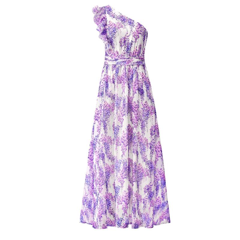 Women Summer One Shoulder Floral Beach Vacation Maxi Dress
