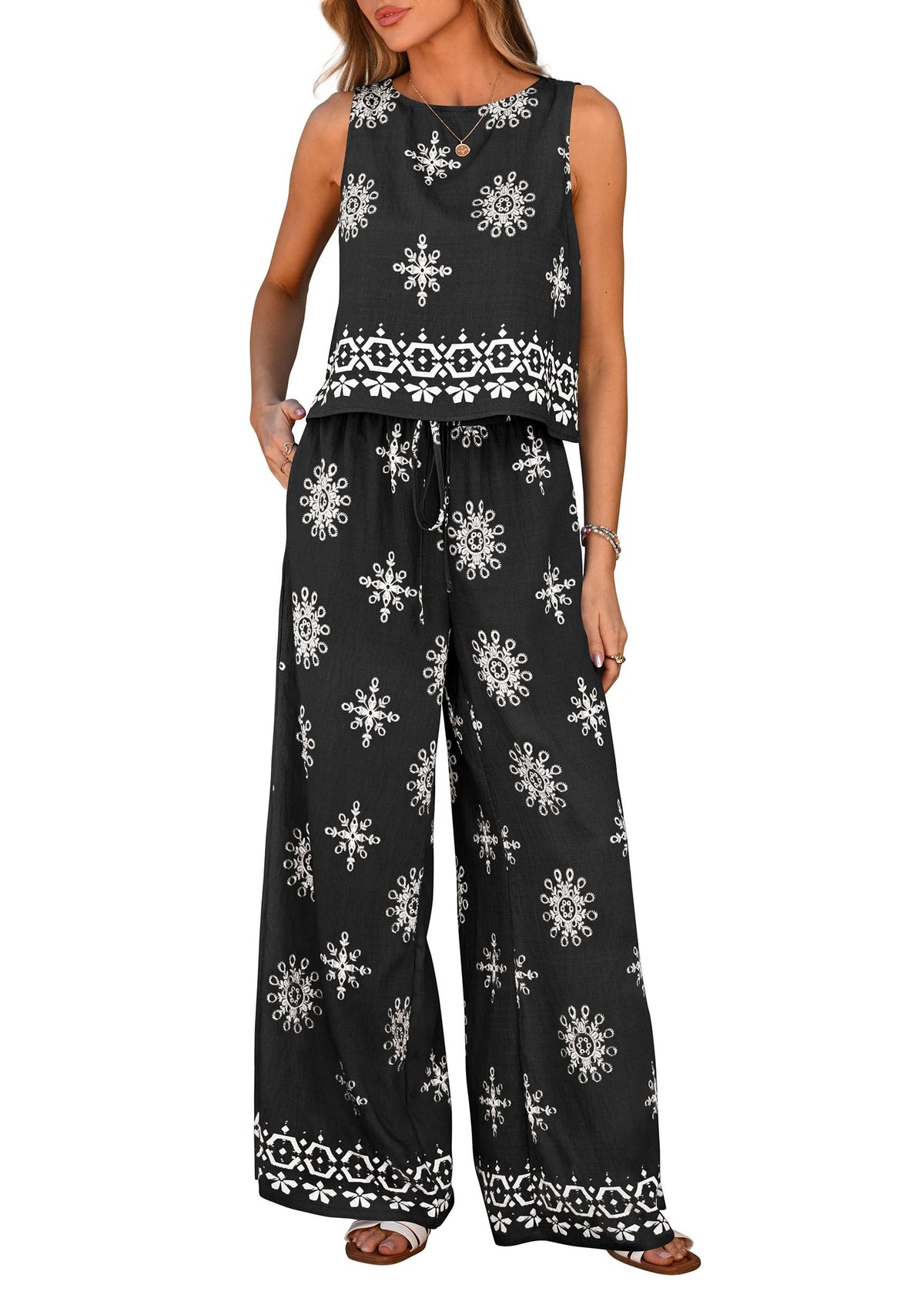 Women's Boho Floral Tank Tops Flowy Wide Peg Pants 2-Piece Sets