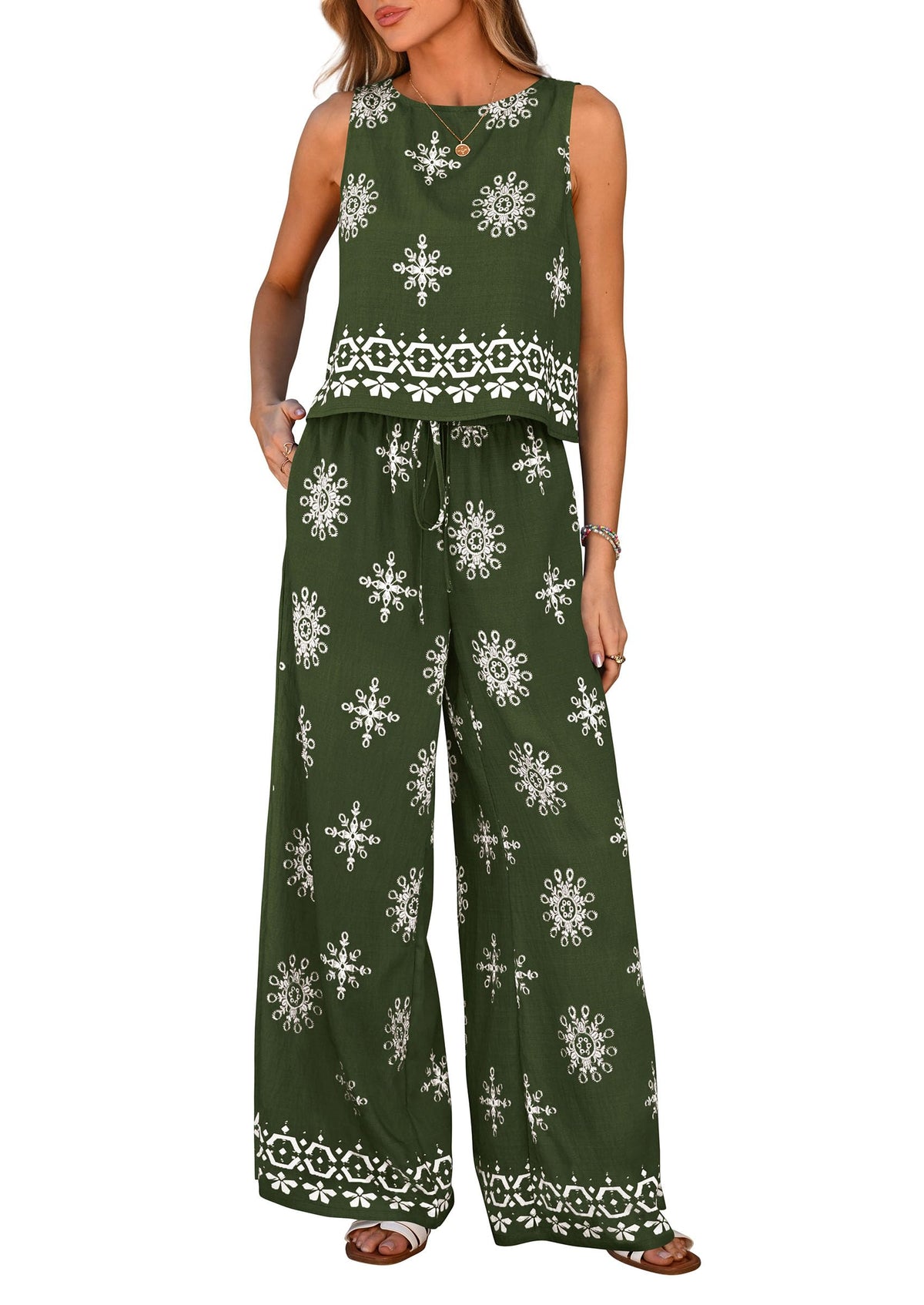 Women's Boho Floral Tank Tops Flowy Wide Peg Pants 2-Piece Sets