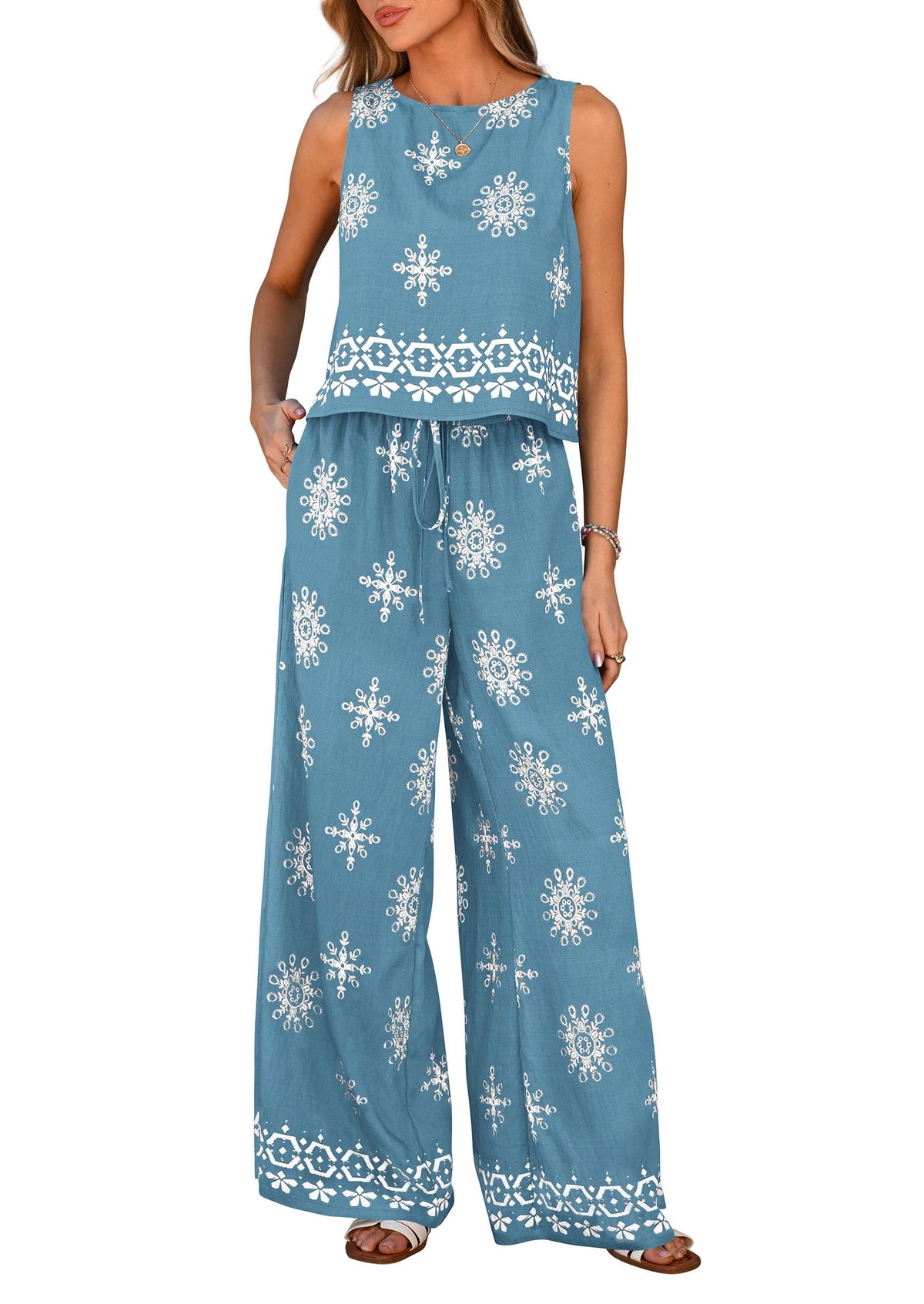Women's Boho Floral Tank Tops Flowy Wide Peg Pants 2-Piece Sets