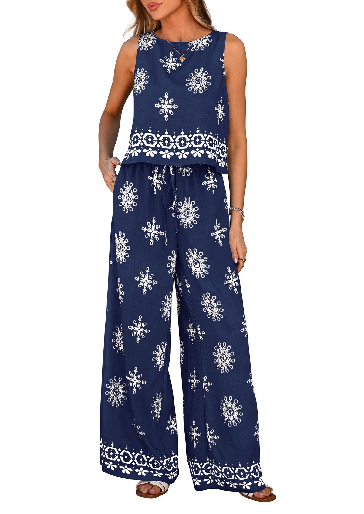 Women's Boho Floral Tank Tops Flowy Wide Peg Pants 2-Piece Sets