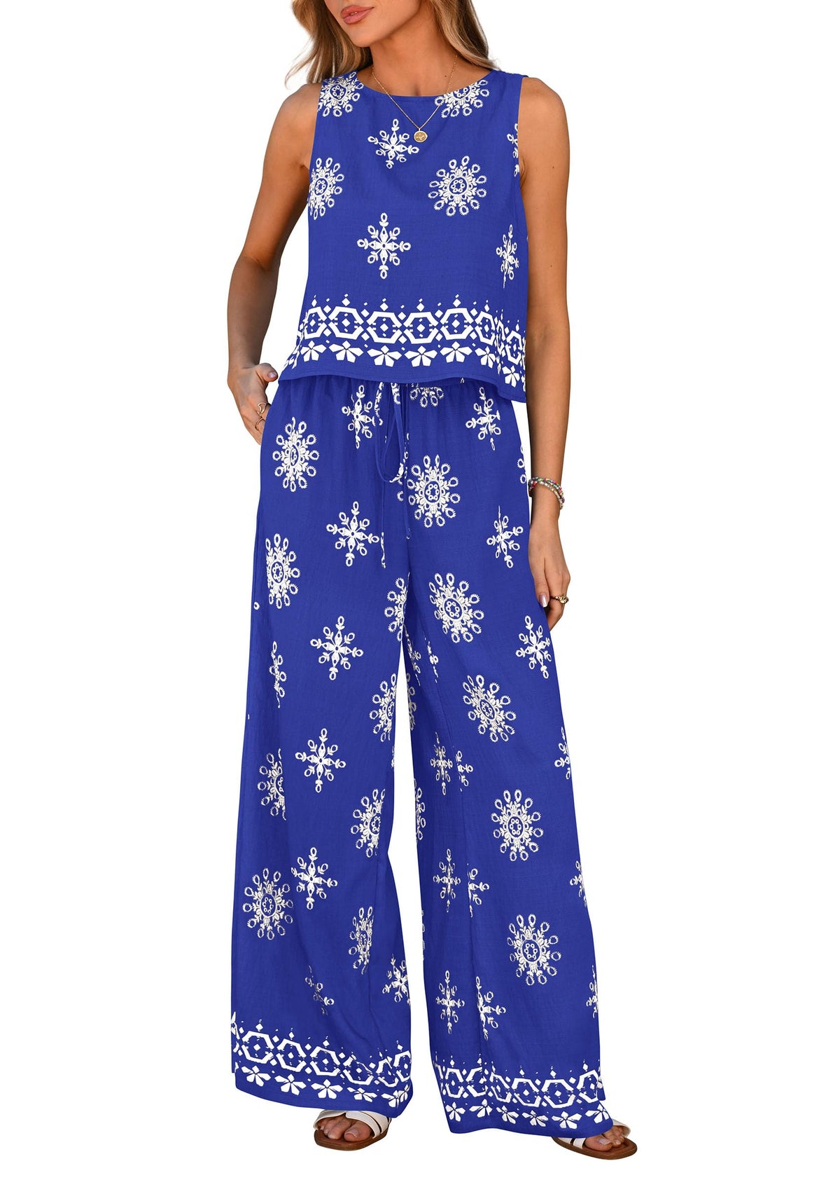 Women's Boho Floral Tank Tops Flowy Wide Peg Pants 2-Piece Sets