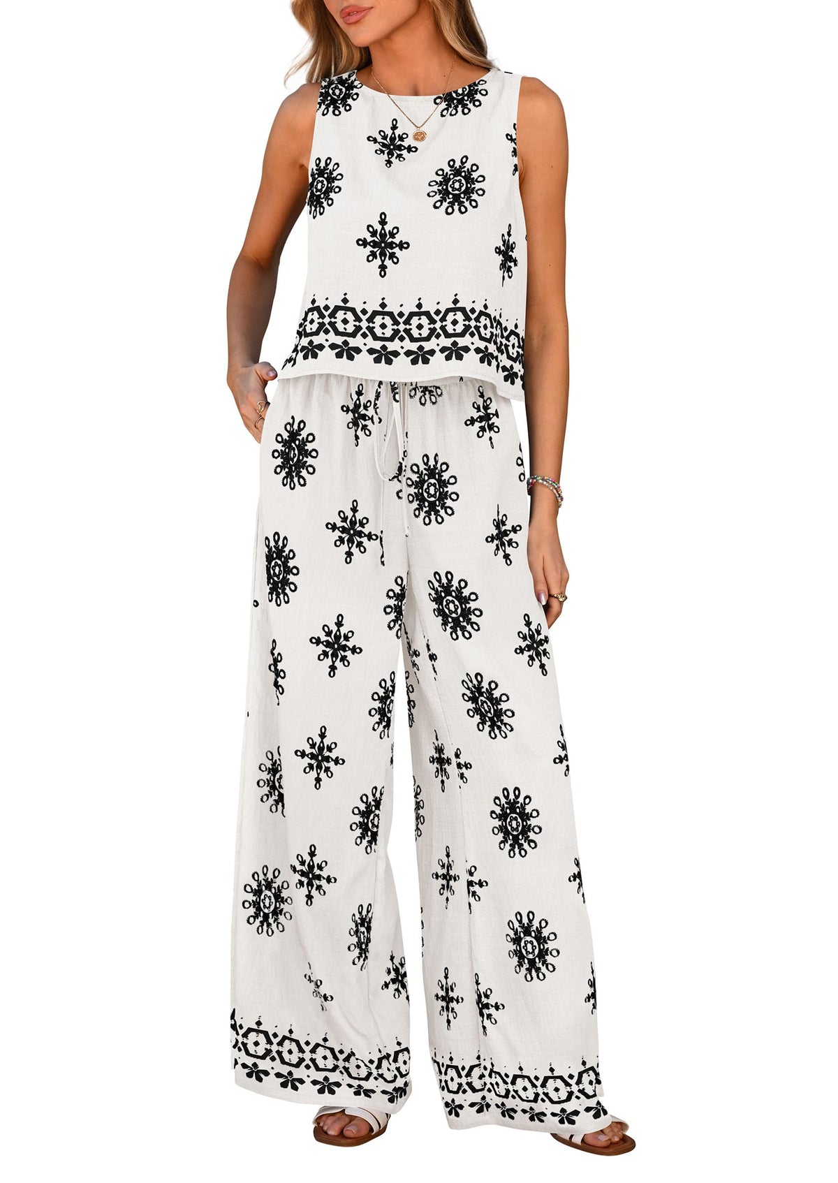 Women's Boho Floral Tank Tops Flowy Wide Peg Pants 2-Piece Sets