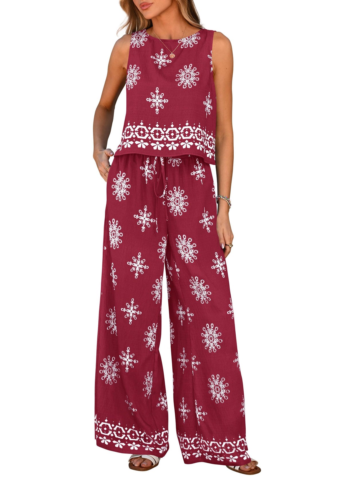 Women's Boho Floral Tank Tops Flowy Wide Peg Pants 2-Piece Sets