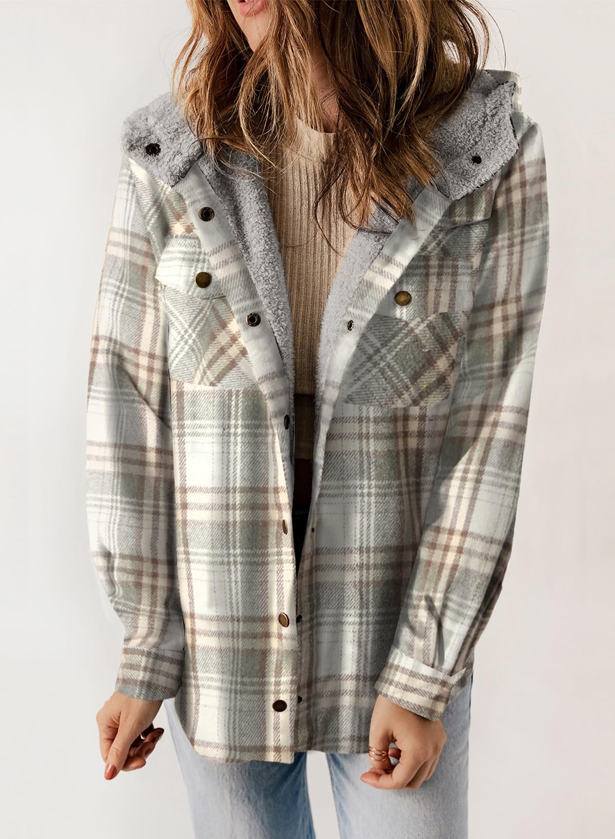 HOT SALE🔥Women's Fall Fuzzy Flannel Long Sleeve Plaid Jacket Coat with Hood
