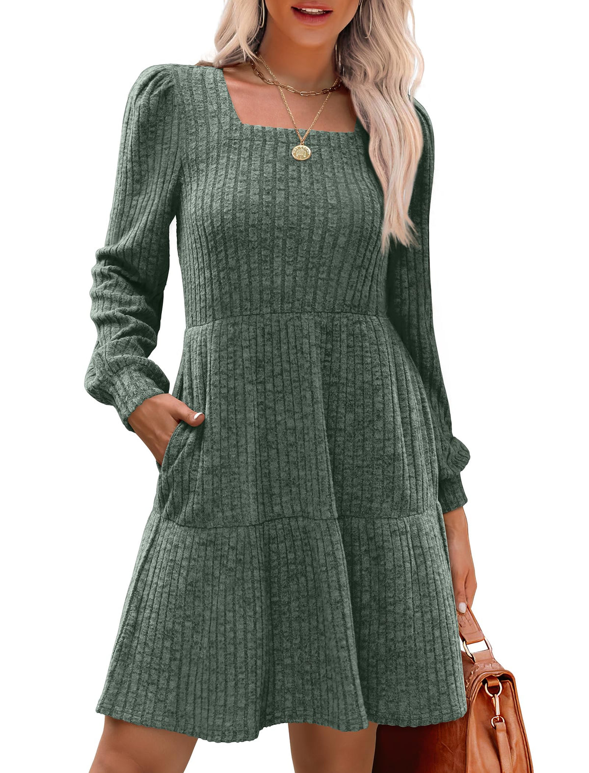 Limited time sale🔥Women's Square Neck Lantern Sleeve Ribbed Dress