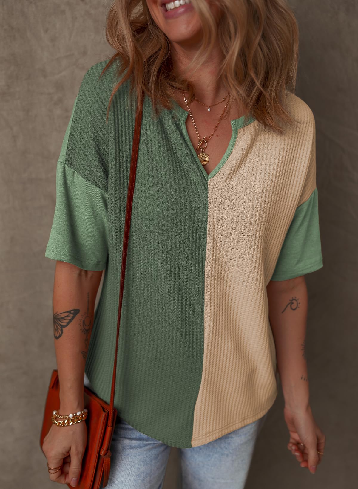 Limited time sale🔥Women's Half Sleeve Waffle Knit Casual V Neck Colorblock Patchwork Shirts
