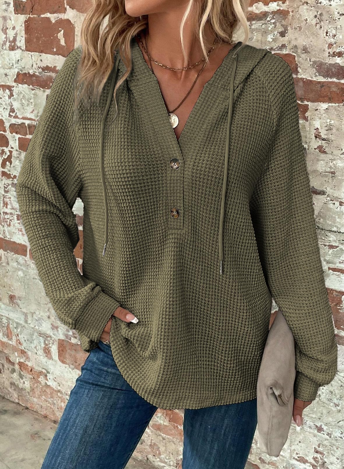 Limited time sale 🔥Women's Waffle Knit Drawstring Button V Neck Hooded Sweatshirt