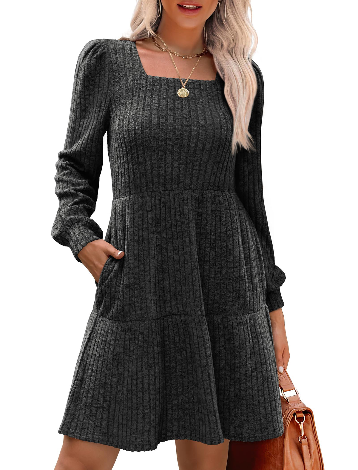 Limited time sale🔥Women's Square Neck Lantern Sleeve Ribbed Dress
