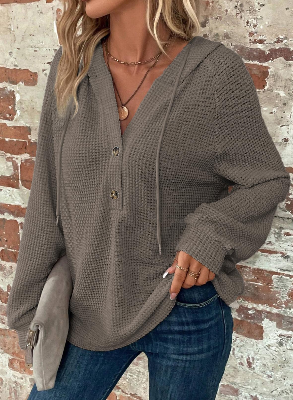 Limited time sale 🔥Women's Waffle Knit Drawstring Button V Neck Hooded Sweatshirt