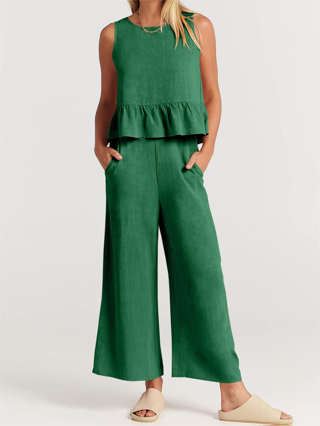Limited time sale🔥Women 2 Piece Outfits Tank Crop Top Wide Leg Pants Lounge Matching Sets