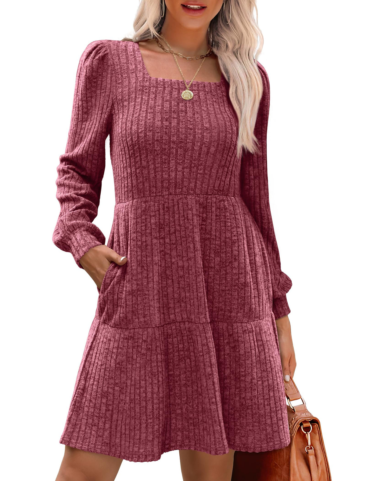Limited time sale🔥Women's Square Neck Lantern Sleeve Ribbed Dress