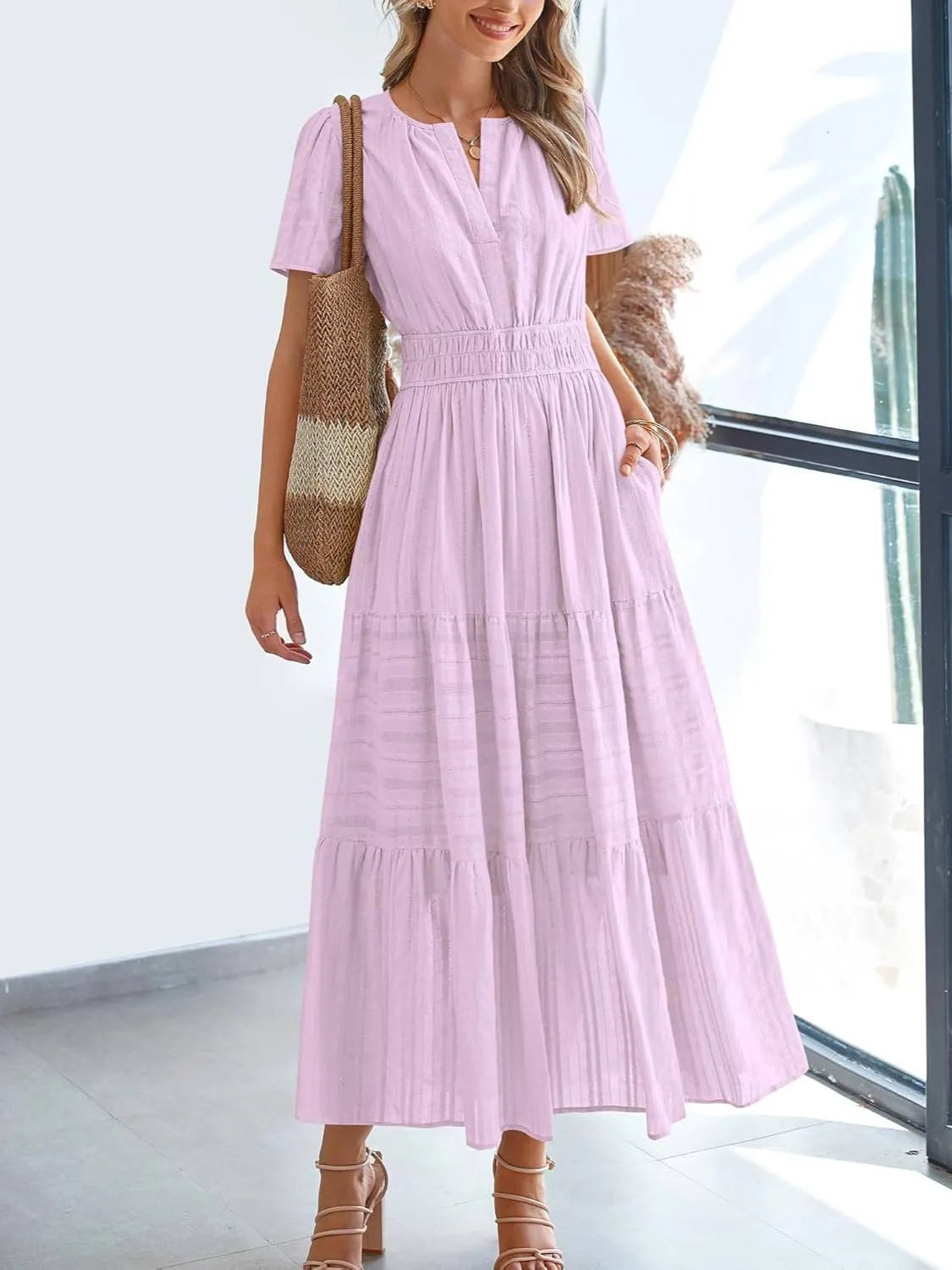 Women's Lightweight Short Sleeve V Neck Elastic Waist Dresses