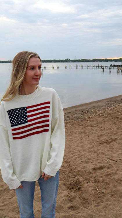 Patriotic Flag Sweater Simple White Loose Top💞