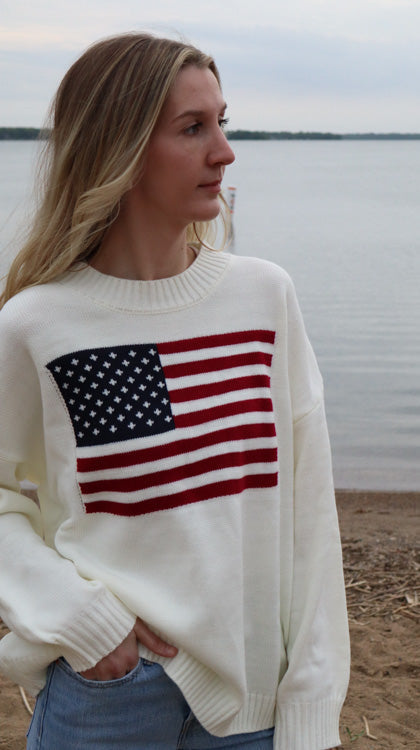 Patriotic Flag Sweater Simple White Loose Top💞