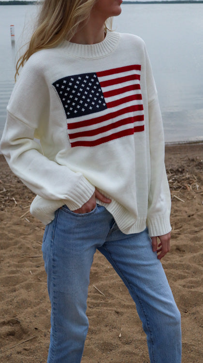 Patriotic Flag Sweater Simple White Loose Top💞