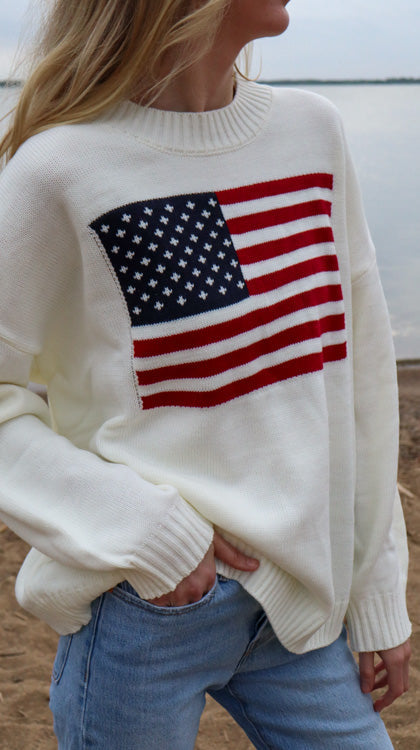 Patriotic Flag Sweater Simple White Loose Top💞