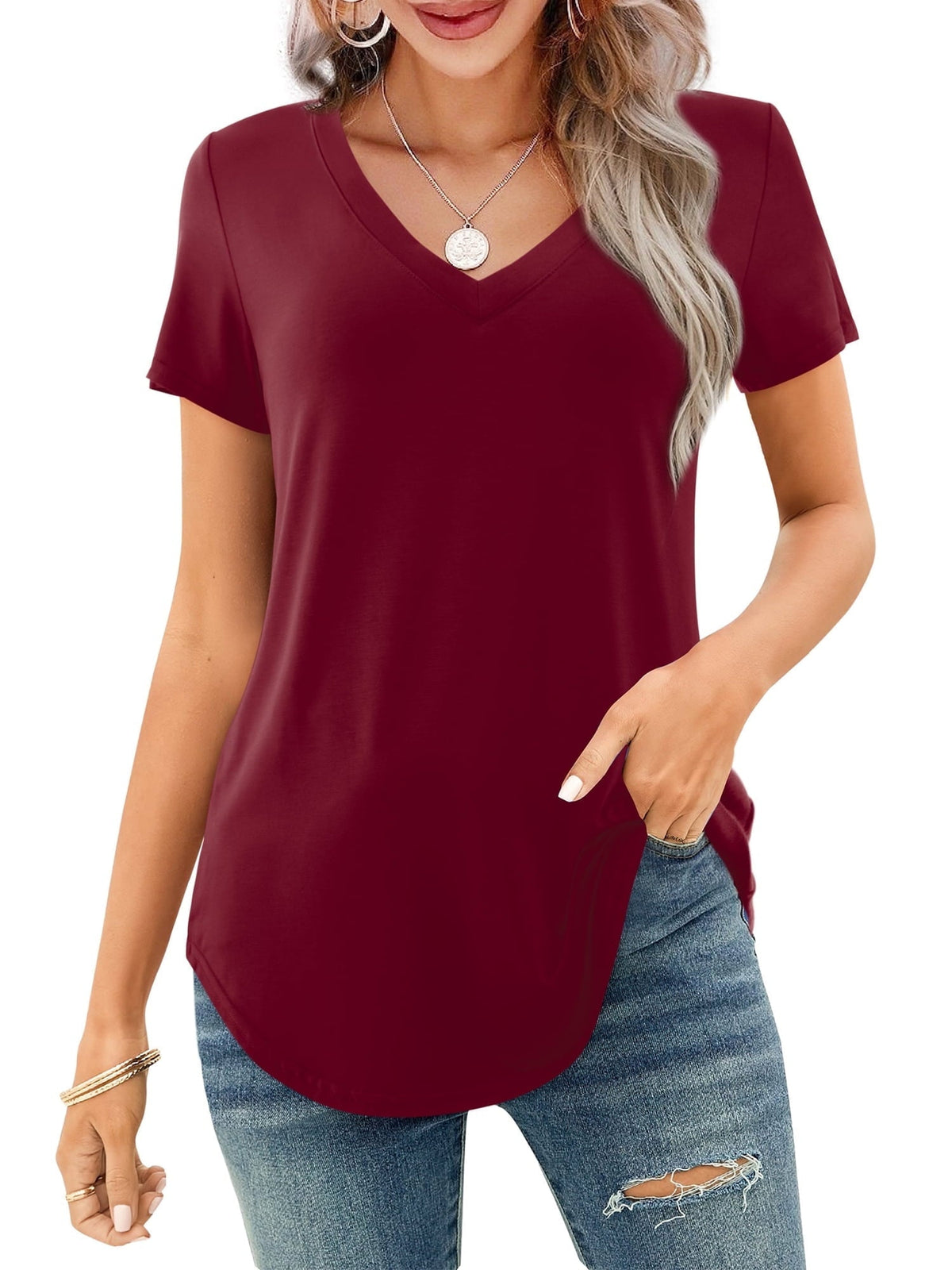 Limited time sale🔥Women's V-neck Short Sleeve Curved Hem Tee Top