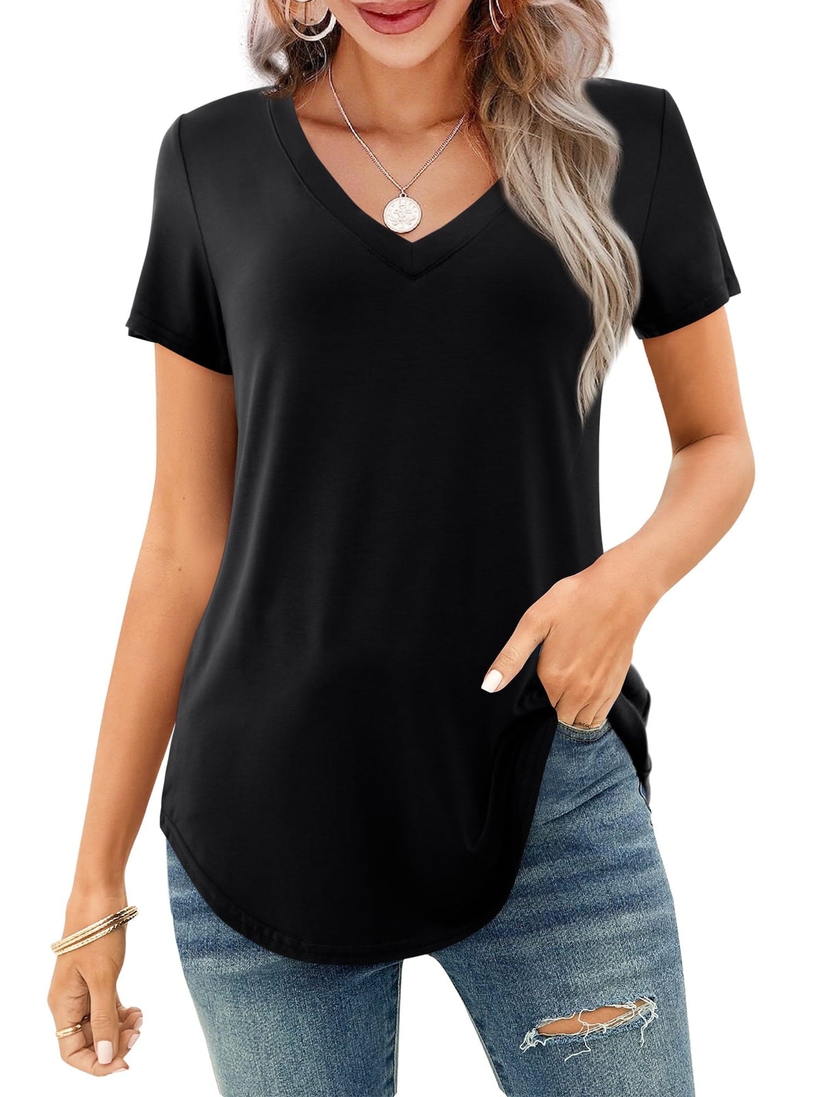 Limited time sale🔥Women's V-neck Short Sleeve Curved Hem Tee Top