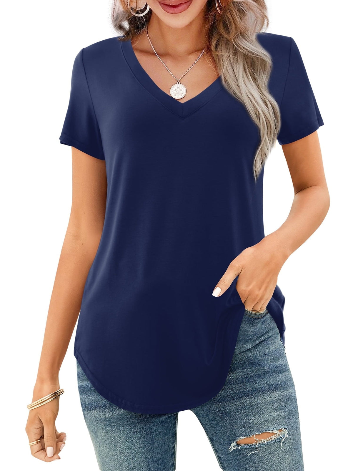 Limited time sale🔥Women's V-neck Short Sleeve Curved Hem Tee Top